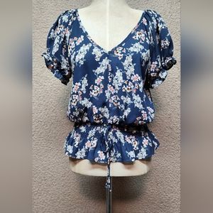 Sienna Sky Womens Size S Small Blue Floral Short Sleeve V Neck Blouse preowned